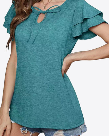 Tie-Neck Layered Flutter Sleeve Blouse
