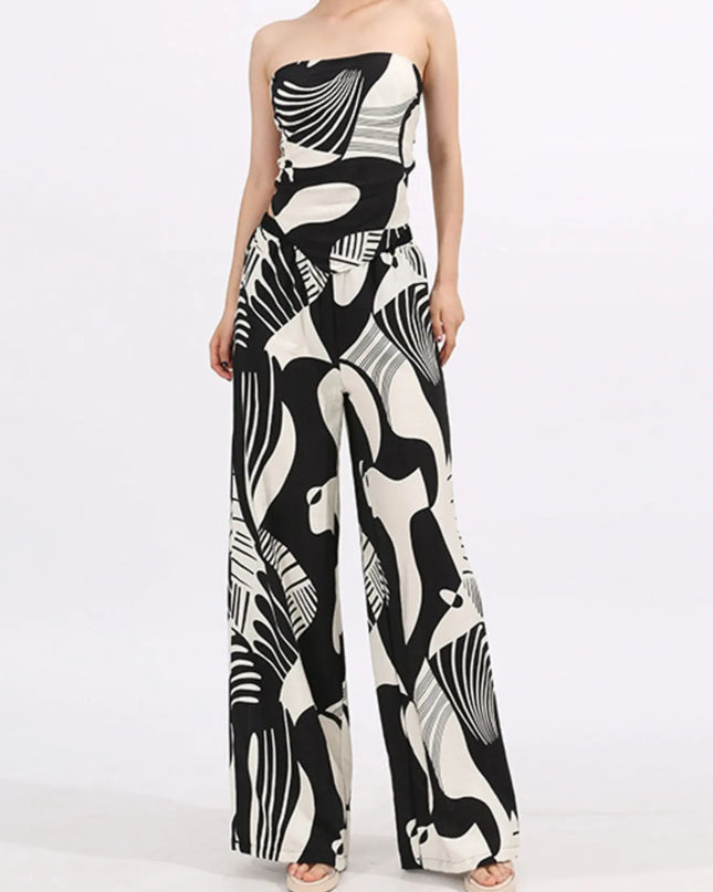 Abstract Print Tube Top and Wide Leg Pants Two-Piece Set Black