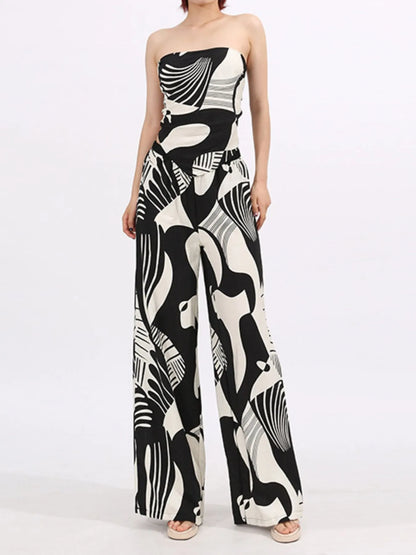 Abstract Print Tube Top and Wide Leg Pants Two-Piece Set Black