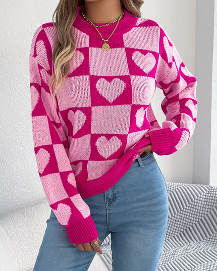 Heart Checkerboard Pattern Round Neck Sweater