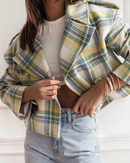 Lapel Collar Plaid Cropped Jacket Light Yellow