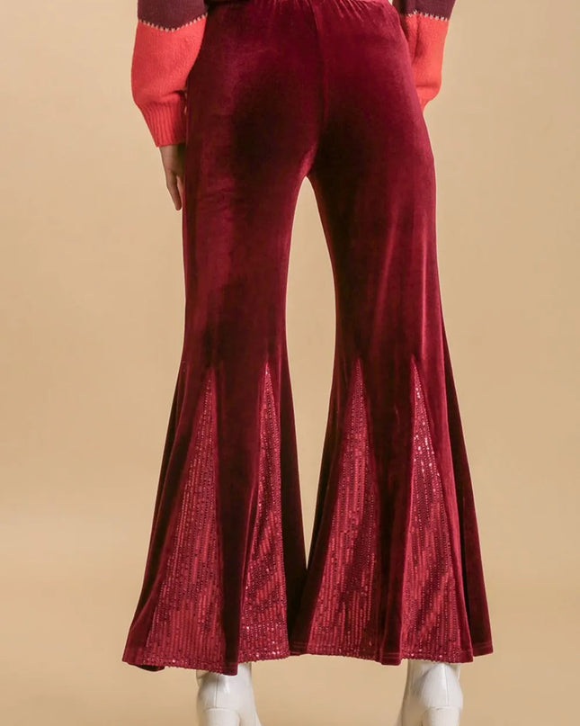 Umgee Full Size Sequin Elastic Waist Velvet Stretch Flare Leg Pants Plus Size
