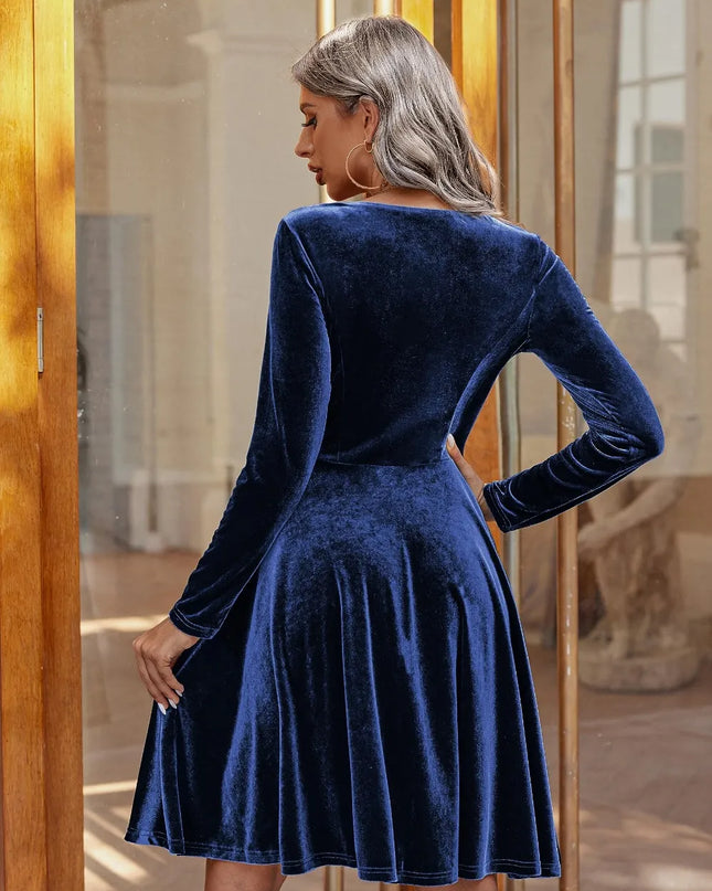 Round Neck Long Sleeve Knee Length Dress Navy