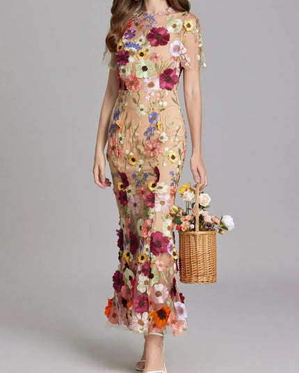 Floral Embroidered Mesh Overlay Maxi Dress