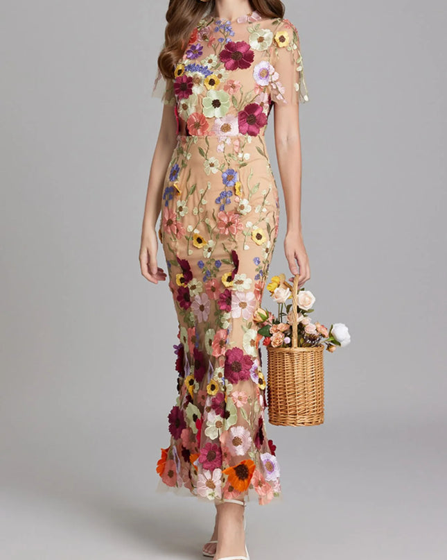 Floral Embroidered Mesh Overlay Maxi Dress