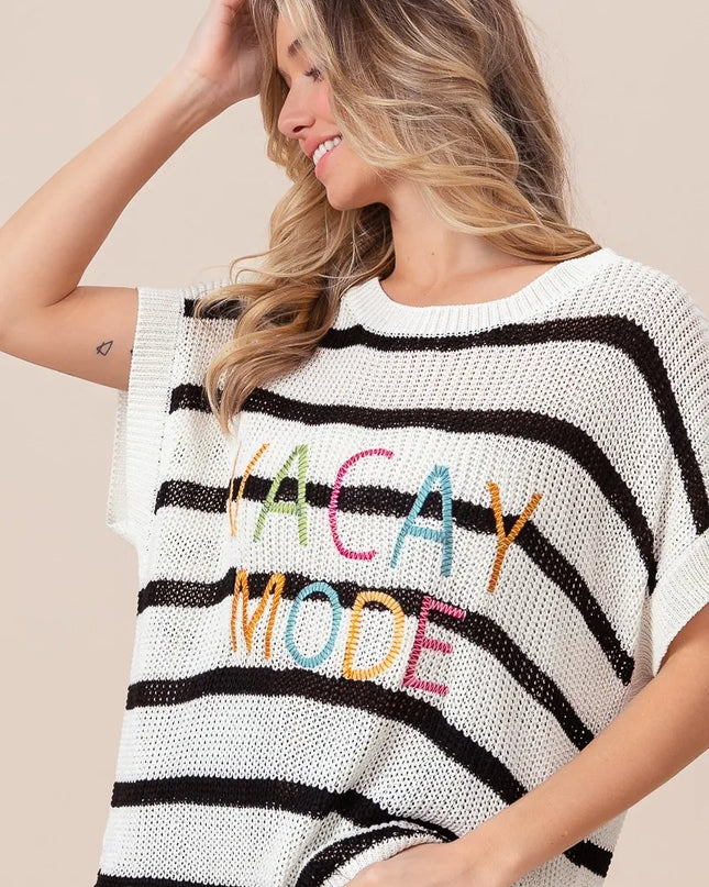 BiBi Vacay Mode Lettering Drop Shoulder Striped Sweater