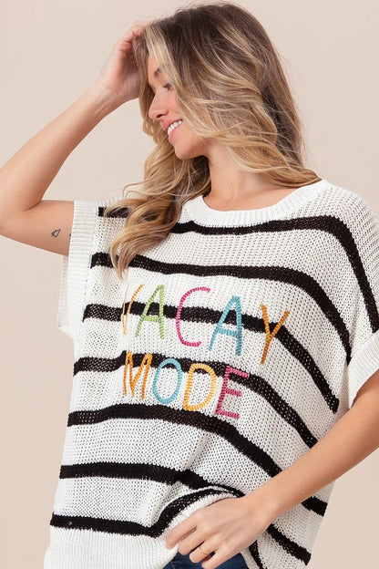 BiBi Vacay Mode Lettering Drop Shoulder Striped Sweater