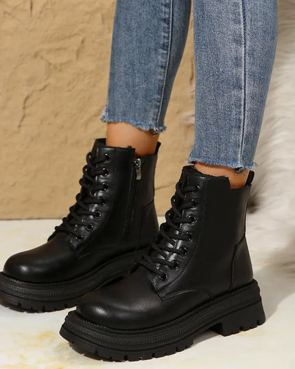 Lace Up Platform Boots with Side Zip Black