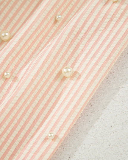 Stripe Bow Knot Cuff Pearl Embellished Puff Sleeve V Neck Blouse