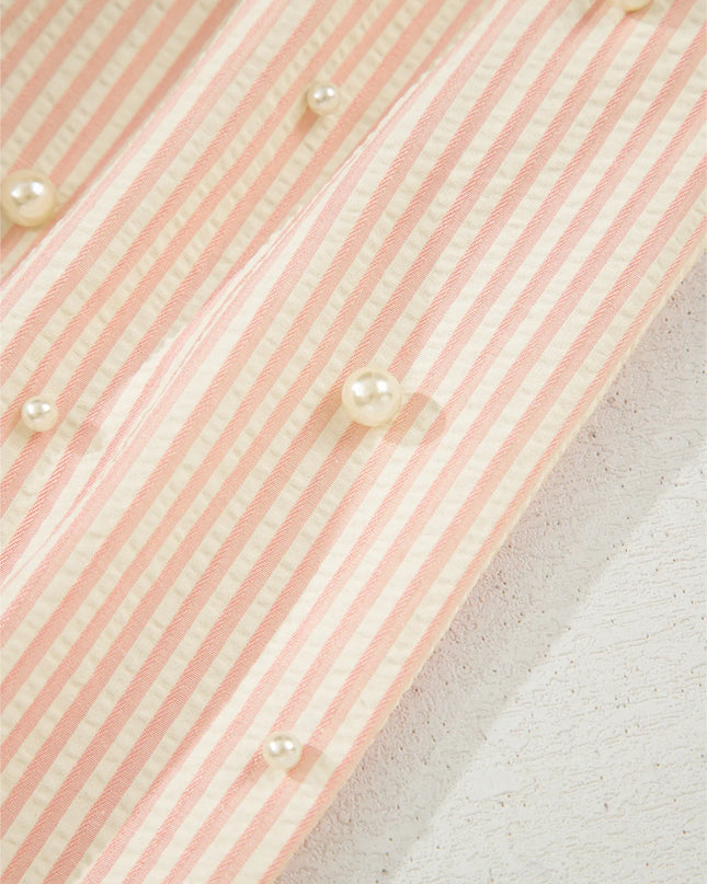 Stripe Bow Knot Cuff Pearl Embellished Puff Sleeve V Neck Blouse