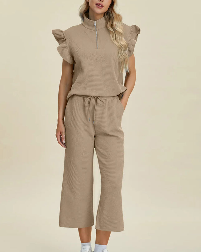 Double Take Full Size Texture Ruffle Short Sleeve Top and Wide Leg Pants Set