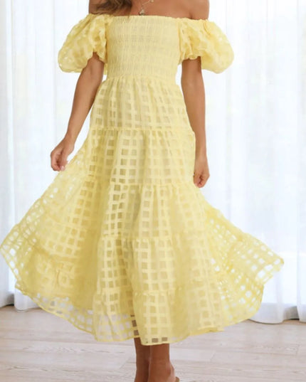 Off Shoulder Short Puff Sleeve Midi Dress