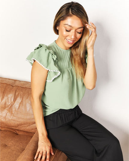 Perfee Pleated Detail Flutter Sleeve Blouse
