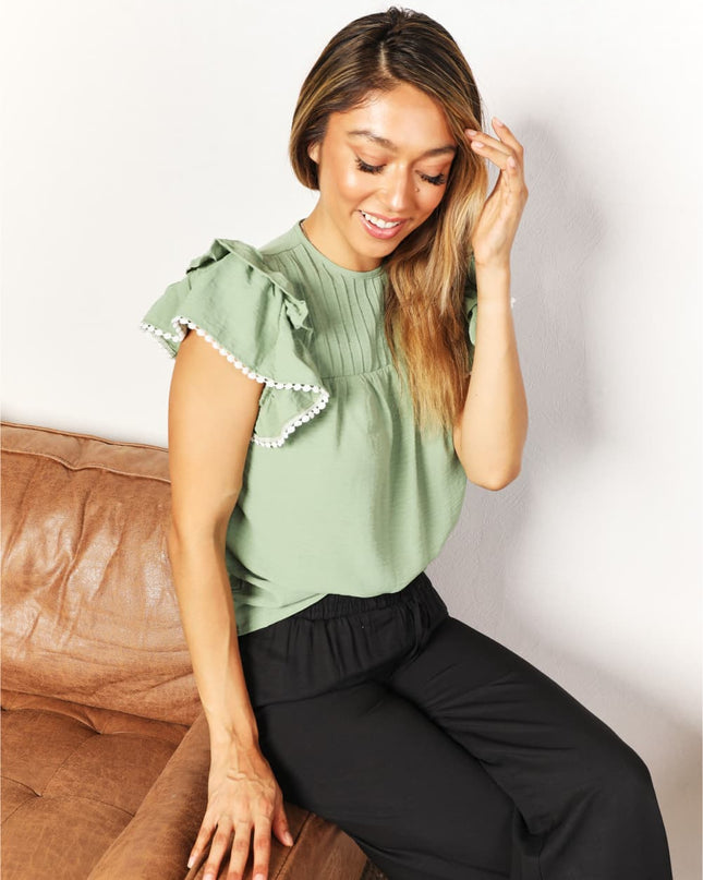 Perfee Pleated Detail Flutter Sleeve Blouse