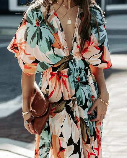 Floral Plunge Half Sleeve Dress