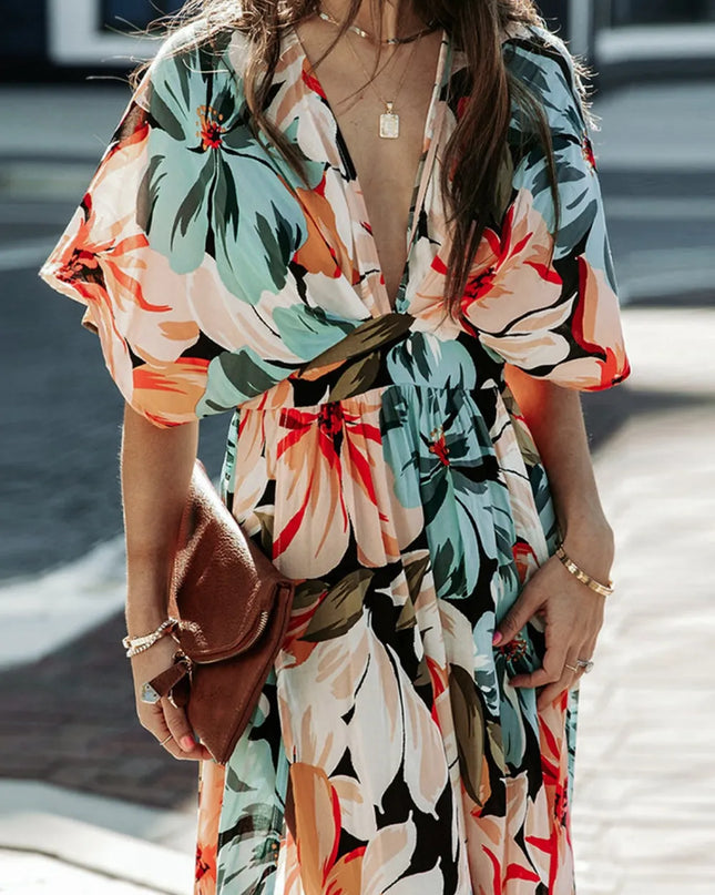 Floral Plunge Half Sleeve Dress