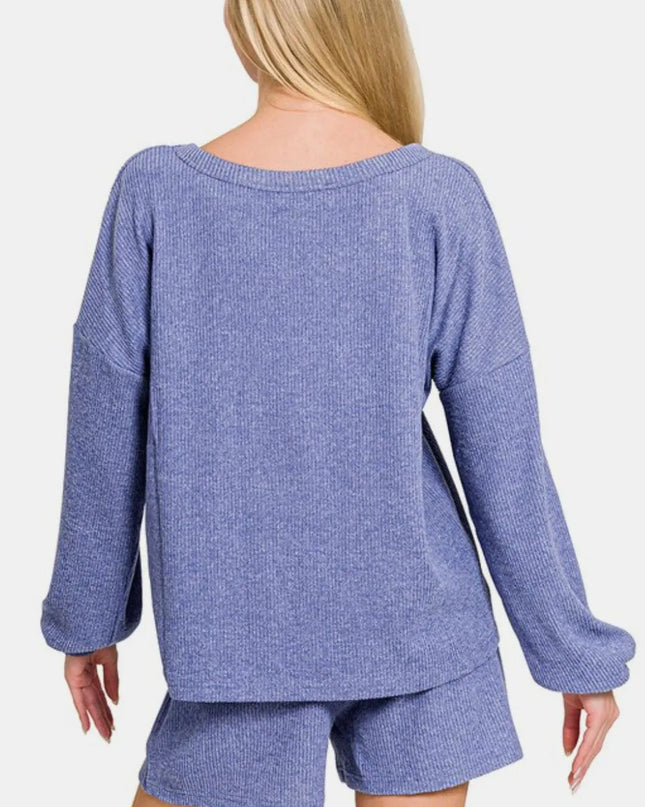 Zenana V-Neck Long Sleeve Ribbed Top and Shorts Set