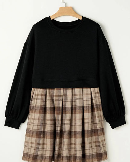 Plaid Round Neck Long Sleeve Mini Dress