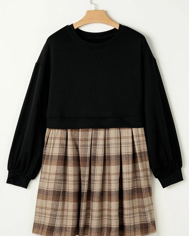 Plaid Round Neck Long Sleeve Mini Dress