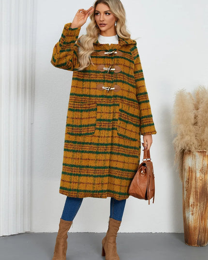 Plaid Long Sleeve Hooded Coat with Pockets