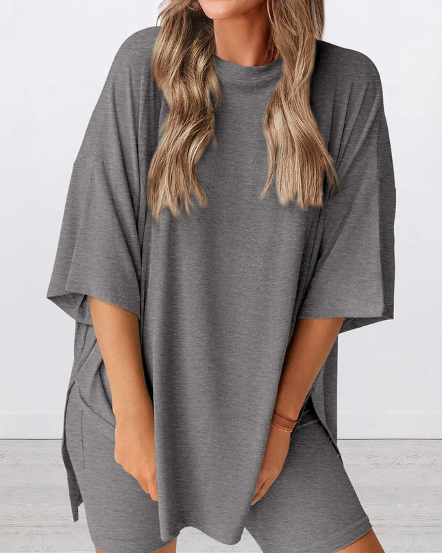 Full Size Oversized Slit Round Neck Top and Shorts Lounge Set Plus Size 