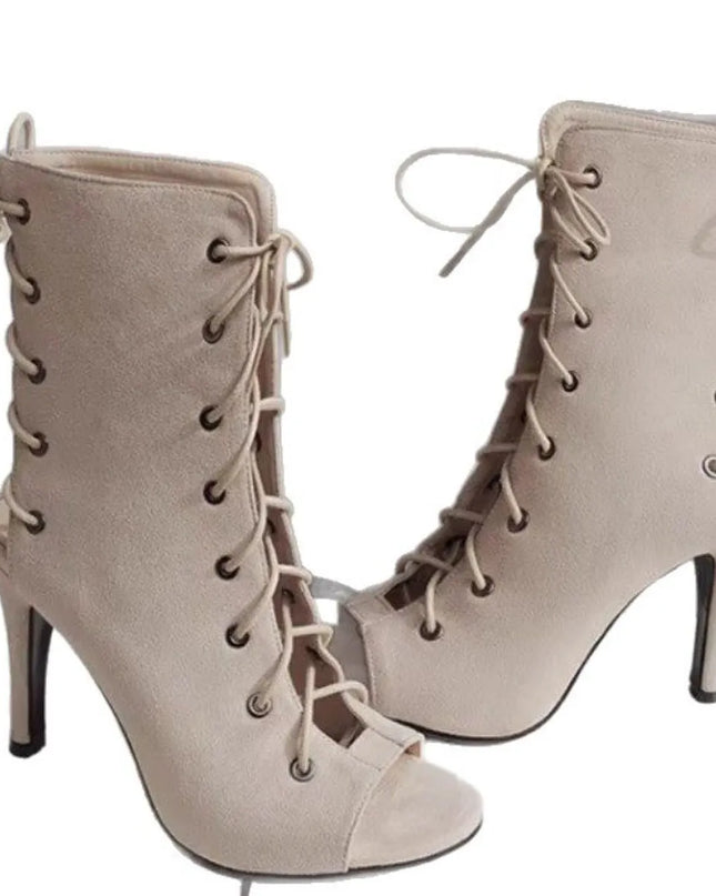 Peep Toe Lace-Up High Heel Boots Beige