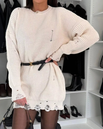 Distressed Round Neck Drop Shoulder Sweater Dress