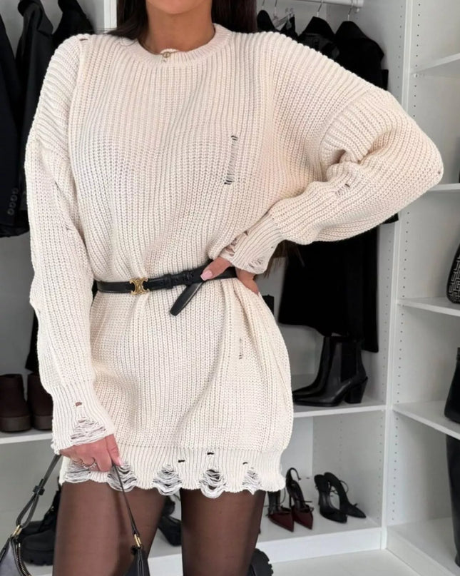 Distressed Round Neck Drop Shoulder Sweater Dress