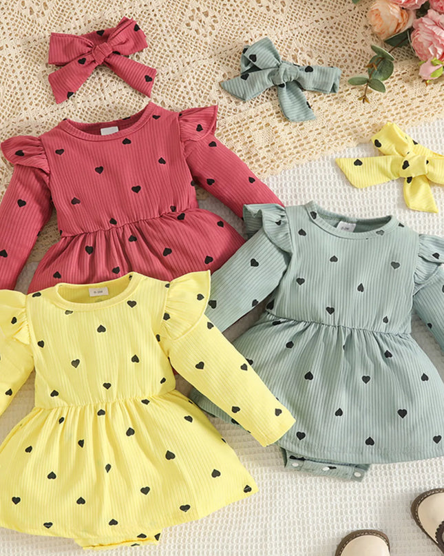 Children's Heart Print Dress & Headband Set Gray