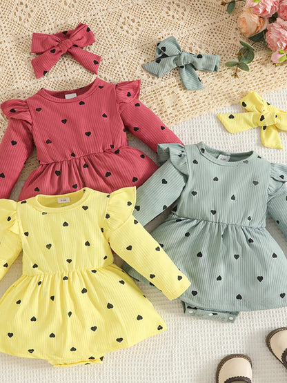 Children's Heart Print Dress & Headband Set Gray