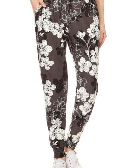 Leggings Depot Full Size Buttery Soft Floral Joggers with Drawstring Plus Size MULTI
