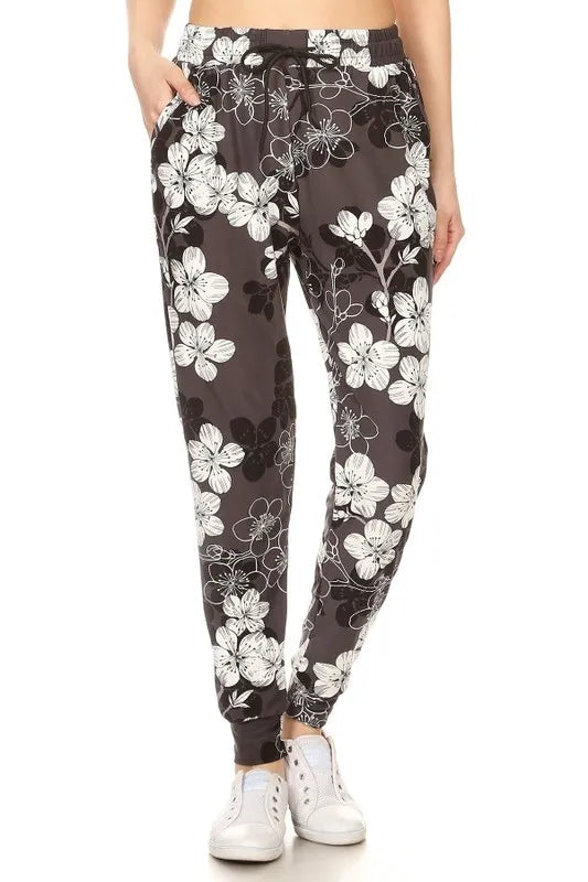 Leggings Depot Full Size Buttery Soft Floral Joggers with Drawstring Plus Size MULTI
