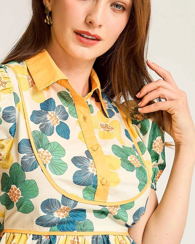 Umgee Floral Print Puff Sleeve Cropped Blouse