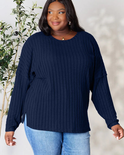 Basic Bae Full Size Ribbed Round Neck Slit Knit Top