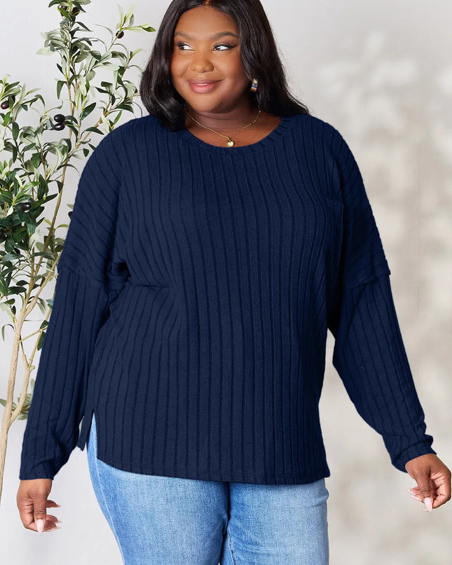 Basic Bae Full Size Ribbed Round Neck Slit Knit Top