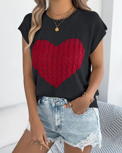 Cable Knit Heart Round Neck Cap Sleeve Knit Top