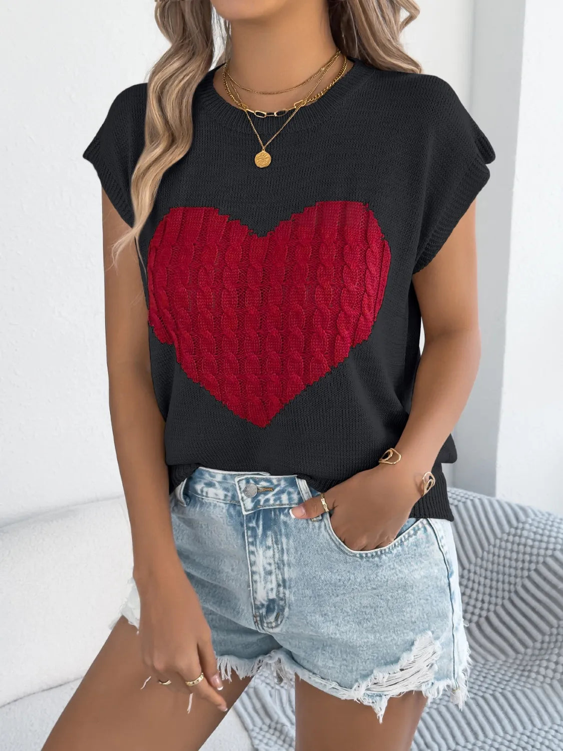 Cable Knit Heart Round Neck Cap Sleeve Knit Top