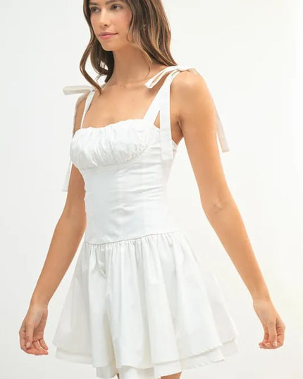 MABLE Shoulder Tie Corset Panel Mini Dress 