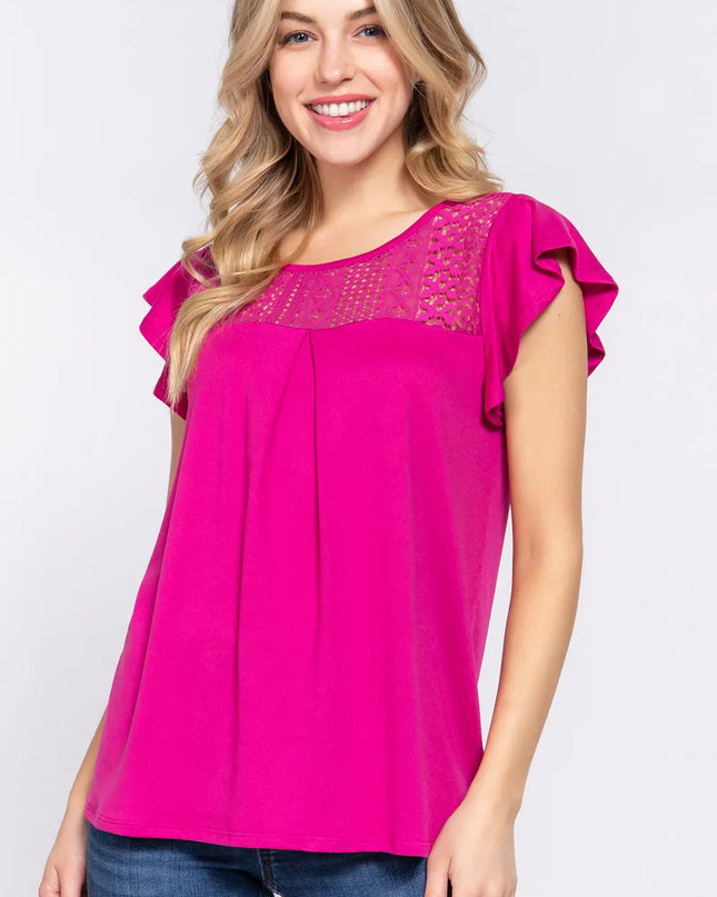 ACTIVE BASIC Ruffle Short Sleeve Lace Detail Knit Top MAGENTA