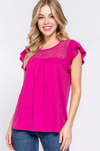 ACTIVE BASIC Ruffle Short Sleeve Lace Detail Knit Top MAGENTA