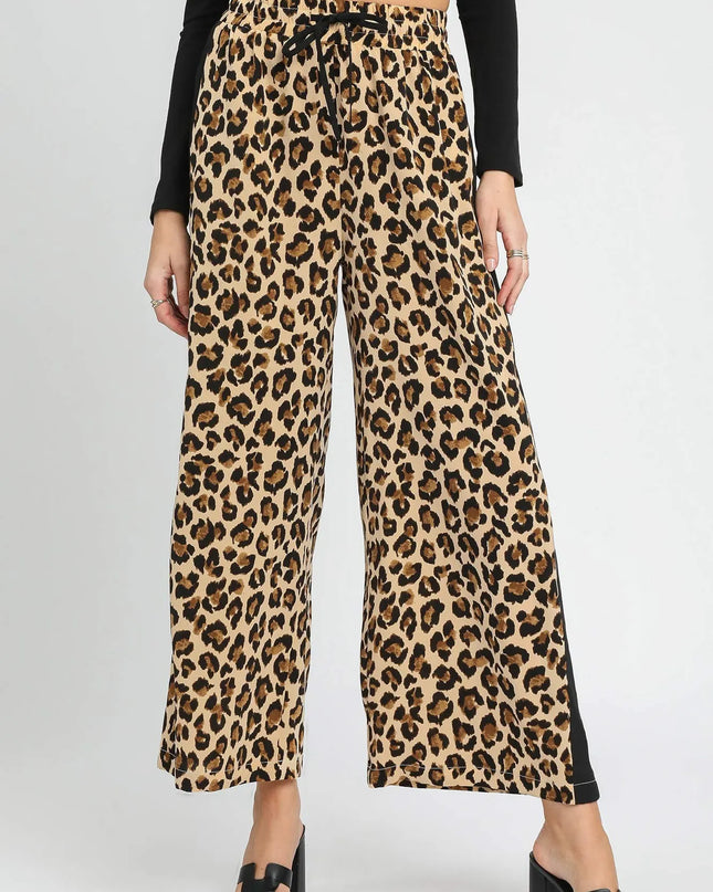 Umgee Leopard Print Wide-Leg Drawstring Pants NATURAL
