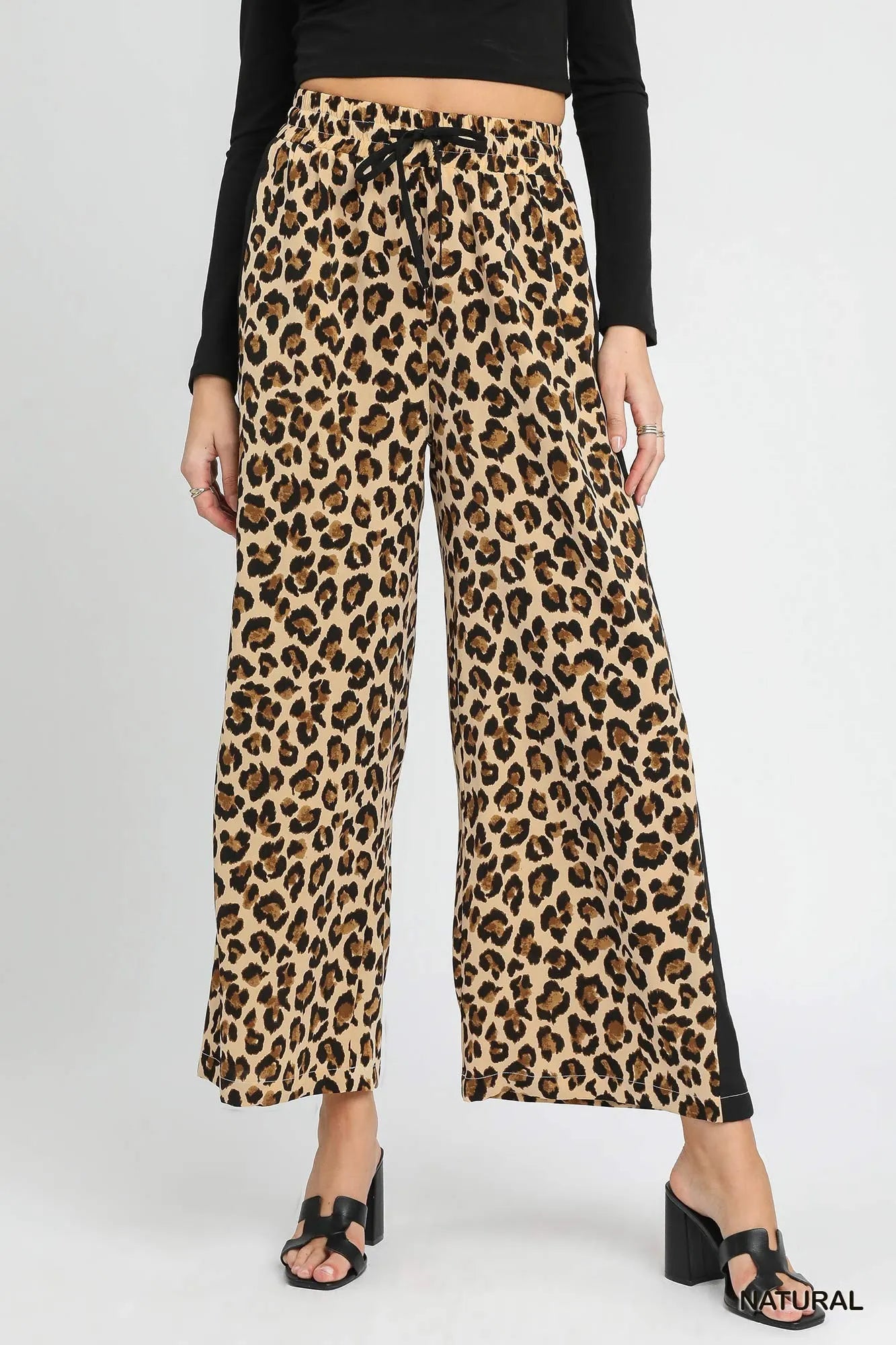 Umgee Leopard Print Wide-Leg Drawstring Pants NATURAL