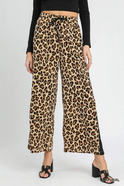 Umgee Leopard Print Wide-Leg Drawstring Pants NATURAL