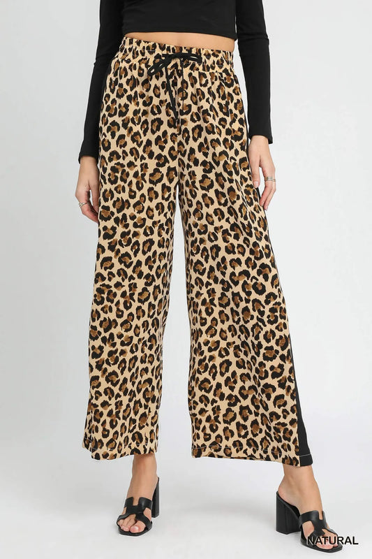 Umgee Leopard Print Wide-Leg Drawstring Pants NATURAL