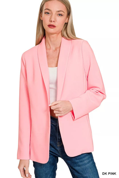 Zenana Woven Long Sleeve Blazer With Lining DK PINK
