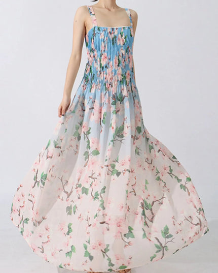 Floral Print Pleated Maxi Dress Blue