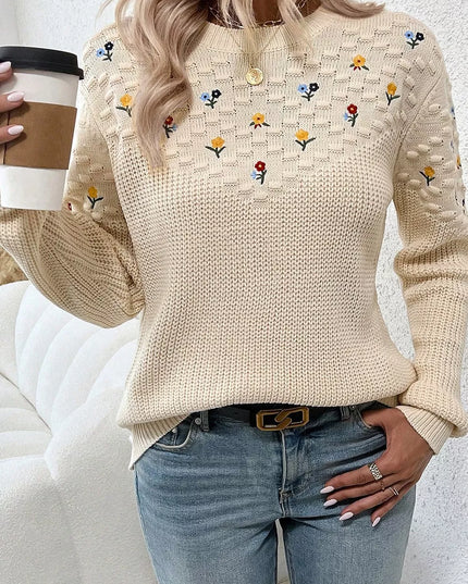 Floral Round Neck Dropped Shoulder Sweater Beige