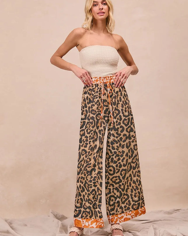 BiBi Leopard Print With Contrast Banded Wide Pants
