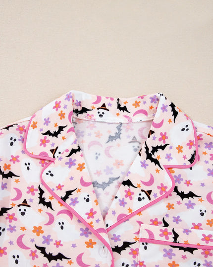 Halloween Ghost Print Button Up Top and Pants Lounge Set