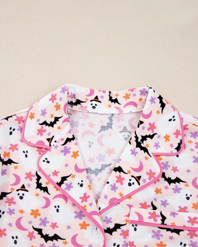 Halloween Ghost Print Button Up Top and Pants Lounge Set
